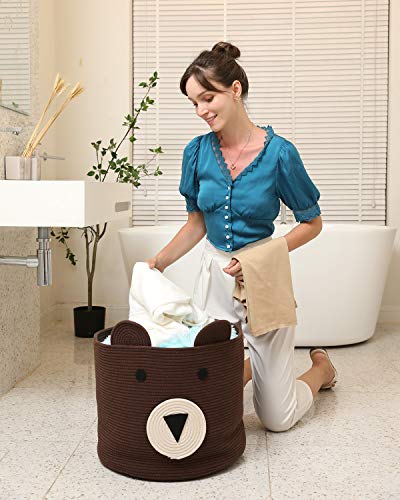 Bear Basket, Animal Basket, Large Cotton Rope Basket, Large Storage Basket, Woven Laundry Hamper, Toy Storage Bin, For Kids Toys Clothes In Bedroom, Baby Nursery, Dark Brown 18"X15" #TOP7