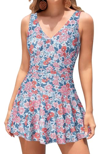 Maillot de bain une pièce jupe froncée rétro imprimé bleu
