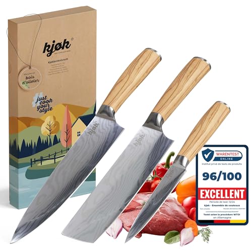 kjøk Premium Ensemble de couteaux de cuisine professionnels dureté 58±2 HRC Set couteu japonais avec étui et manche en bois d'olivier - un couteau nakiri, un de chef asiatique 20cm et un de 13cm