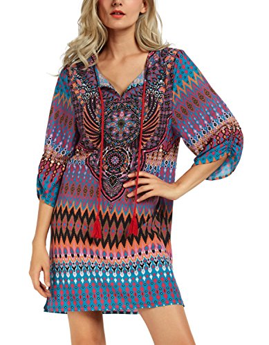 Image of Women Bohemian Neck Tie Vintage Printed Ethnic Style Summer Shift Dress
