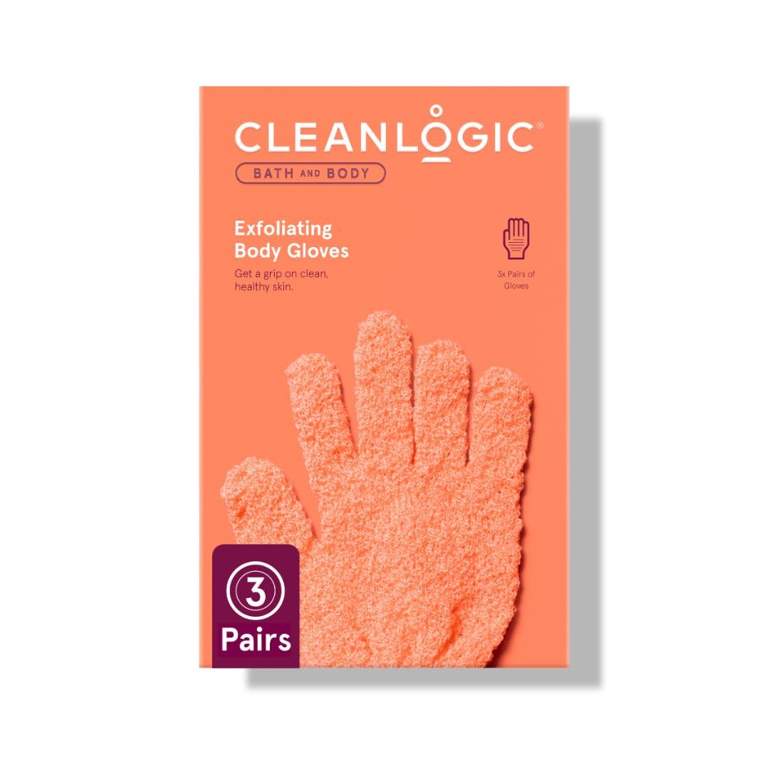 Cleanlogic Bath & Body Exfoliating Glove, Stretchy Bath & Shower Gloves, Reusable Exfoliator Tool for Smooth & Softer Skin, 3 Pairs, 6 Count