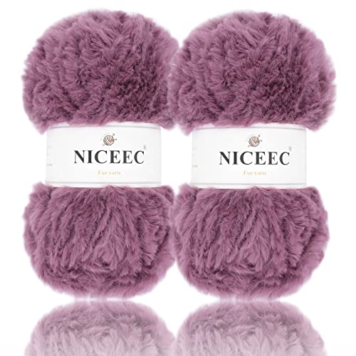 Image of NICEEC 2 Skeins Faux Fur Yarn Super Soft, Chunky & Fluffy, Eyelash Yarn for Crochet & Knitting (Total Length 70yds,3.53oz) - Pale Pinkish Purple