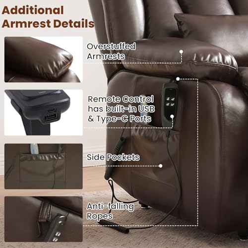 Image of Dual Motor Power Lift Recliner Chair, PU Leather Lay Flat Lift Chair for Elderly with Massage & Lumbar Heating, Extended Footrest, USB Charging, Remote Control, Removable Lumbar Pillow, Brown