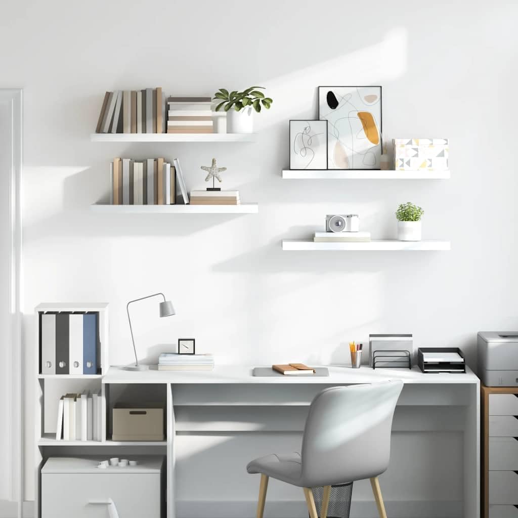 Floating Wall Shelf Set of 4, High-Gloss White MDF, Rectangular Modern Design, Ledge Shelves for Living Room Decor, Bedroom, Bathroom