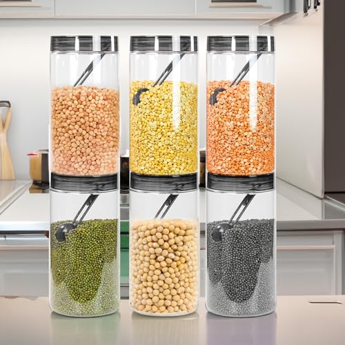 PEARLPET Tiffany Plastic Containers for Kitchen Storage | Plastic Container Set with Spoon | BPA-Free, Stackable Jars | Black,1700 ML (Set of 6)