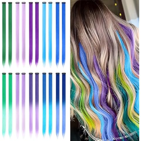 Ruizaua 20Pcs Clip In Colored Hair Extensions for Kids, Girls Hair Extensions for Kids Ages 4-8, Cosplay Dress Up Fashion Party Colored Gradient Hair Extensions for Girls Kids Women Cover