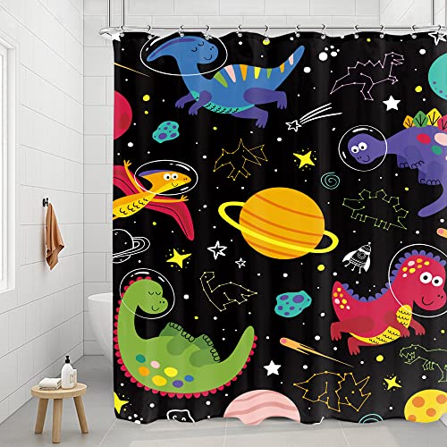 Riyidecor Kids Dinosaur Shower Curtain 60Wx72H Inch Boys Girls Dino In Space Cute Cartoon Starry Nebula Galaxy Universe Planet Outer Space Bathroom Decor Fabric Polyester Waterproof 12 Pack Hooks #TOP16
