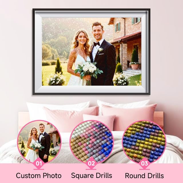 Rainsar Custom Diamond Painting Kit, Personalized 5D Diamond Art from Photo, DIY 5D Full Drill Crystal Rhinestone with Complete Tools, Wedding Anniversary Valentine's Day Gift, 50x60cm