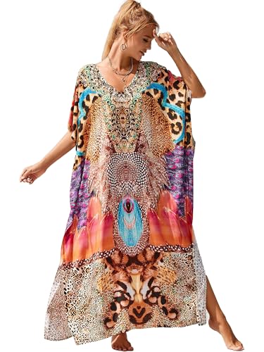 Image of Moss Rose Kaftan Dresses for Women V Neck Summer Swimsuit Cover up Caftan Maxi Beach Dresses