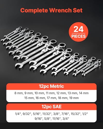 Image of VEVOR 24-piece Ratcheting Wrench Set with 180 Flex Head, Anti-Slip Tooth, Combination Wrench Sets with Organizer Box, Metric 8-19mm & SAE 1 /4-3 /4 inch, Polished