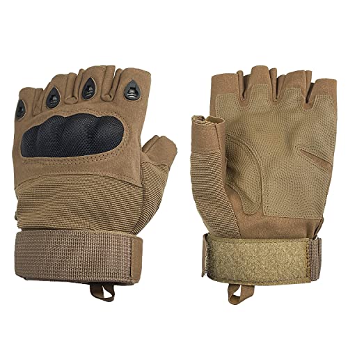 Sutekus Fingerless Tactical Gloves Touchscreen Work Gloves with Hard Knuckle Half Finger Utility Gloves for Sports Work Outdoor (Tan, Large)