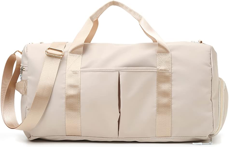 Small Gym Bag for Women and Men, Workout Bag for Sports and Weekend Getaway, Waterproof Dufflebag with Shoe and Wet Clothes Compartments, Beige, Small, Dry Wet Separated Gym Bag