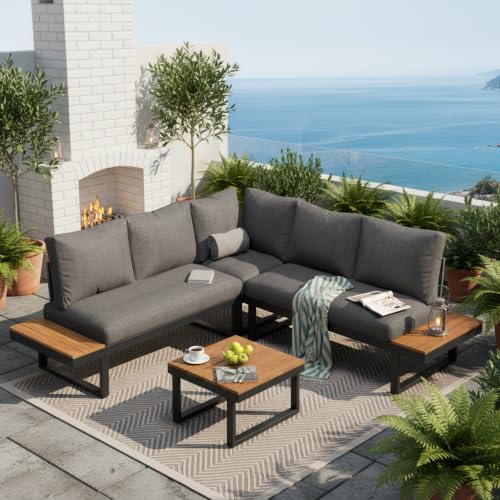 Salon de jardin 4 personnes, table de jardin exterieur avec fonction de couchage d'angle réglable, table basse, tube en acier galvanisé, gris noir pour plein...