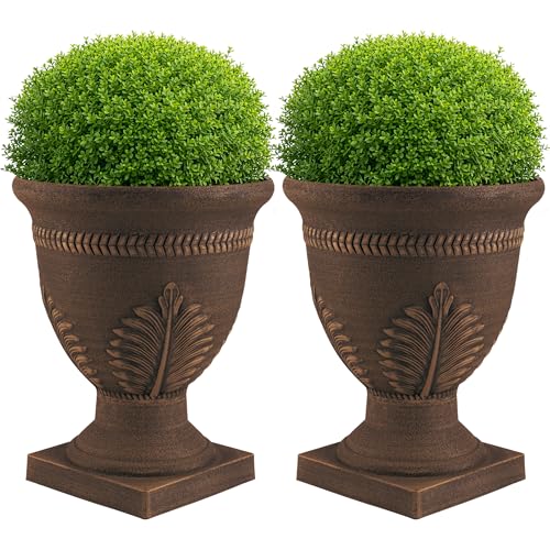 Outdoor Planter 2-Pack - 15.25x18.8-Inch Urn Planters for Front Porch Decor, Indoors, Patio or Entryway - Plastic Plant Pots with Drainage - Large Decorative Flower Pots by Pure Garden (Bronze) by Pure Garden - Used condition - US$60.62