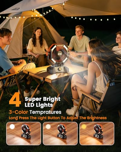 Image of Camping Fan, 20000mAh Battery Powered Fan with LED Lantern, Rechargeable Battery Operated Oscillating with Remote Hook, 8 Speeds Outdoor Fans for Teny, Picnic, Fishing, Travel, Jobsite Black