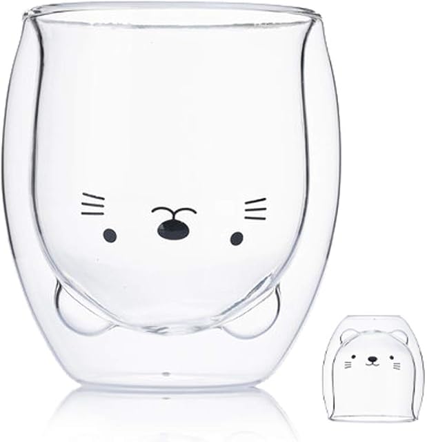 Cat Mug Cute Mugs Glass Double Wall Insulated Glasses Womens Birthday Gifts Espresso Cup, Coffee Cup, Tea Cup, Milk Cup, Best Gift for Office and Personal (Cat)