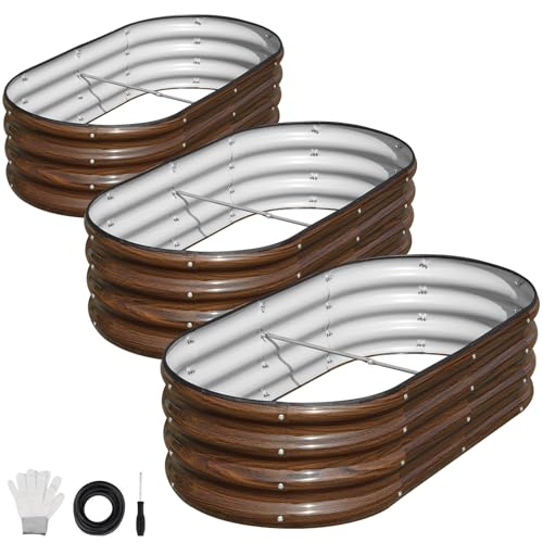 SnugNiture 510L Steel Raised Garden Bed 3Pcs 120×60×30cm Large Oval Galvanised Metal Planter Outdoor for Growing Vegetables Flowers and Herbs Wood Grain Brown