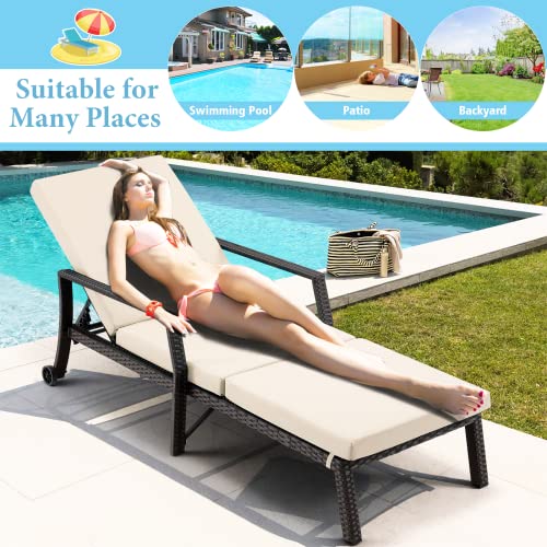 Uphyb Chaise Lounge Chair For Outside, Rattan Wicker Outdoor Lounge Chair, Adjustable Pool Lounge Chair With 2 Wheels & Thickened Cushion For Patio Poolside Deck (2, Beige) #TOP6