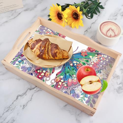 Image of DIY Diamond Art Tray with Handle Diamond Art Painting Plate Creative Design Handmade Wooden Tray Mosaic Making Kits by Number Kits Diamond Art for Coffee Living Room Home Organizer (Butterfly)