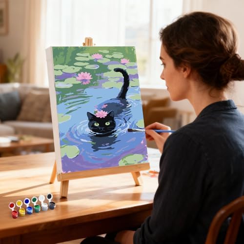 MXJSUA Black Cat Framed Paint by Numbers Kit for Adults Beginner with Wooden Easel, Lotus Flowers Adults' Paint-by-Numbers on Canvas, Easy DIY Acrylic Number Painting for Home Decor Gifts, 20x30cm — view 7