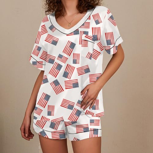Image of Women Hearts Pajama Sets Satin Short-Sleeve Top and Shorts Set 2 Piece Loungewear Sleepwear