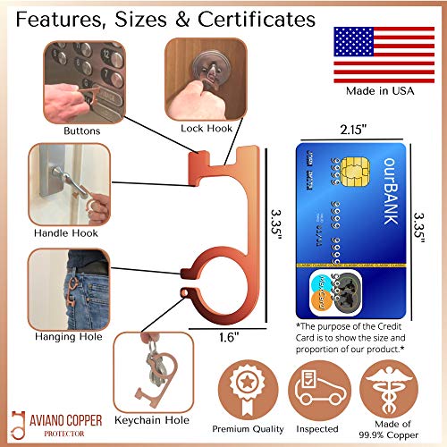 Aviano Copper Protector Door Opener Tool & Button Pusher –(10 PACK) 99.9% Copper Hands Free Germ Keychain Utility Hook Tool Key– No Touch Tool for Infected Surfaces, Touchscreens, Handles, Buttons