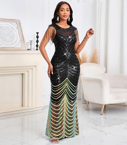 Cololura Women Sexy Sequin Tassel Mesh Perspective Gold Threads Patchwork Bodycon Party Cocktail Evening Gown Dress3