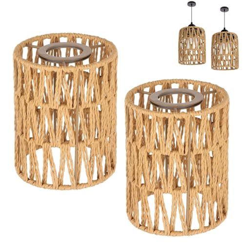 2 PCS Woven Lampshade, Rattan Lampshade Pendant Light Shade Boho Style Ceiling Pendant Lamp Cover Vintage Wicker Lamp Shades for Living Room Kitchen Hallways