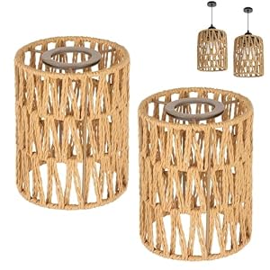 2 PCS Woven Lampshade, Rattan Lampshade Pendant Light Shade Boho Style Ceiling Pendant Lamp Cover Vintage Wicker Lamp Shades for Living Room Kitchen Hallways