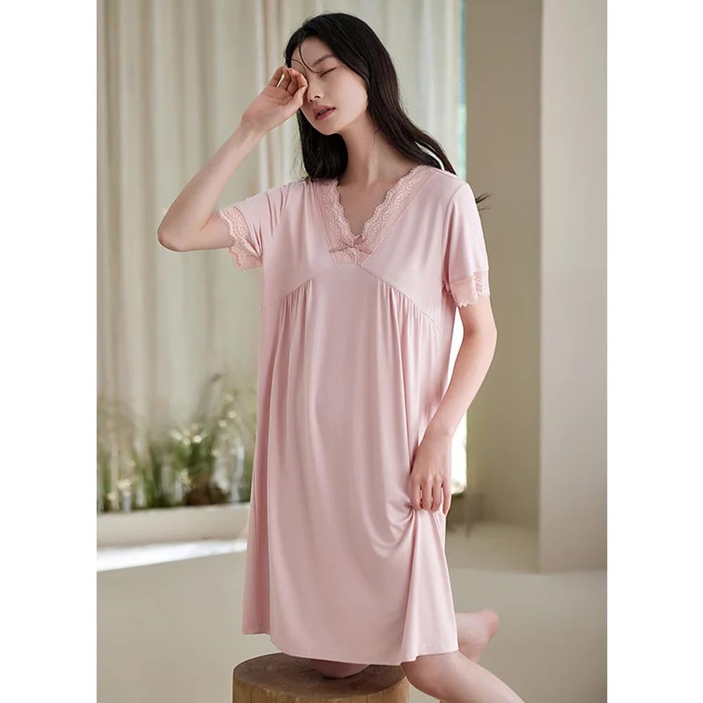 Camicia da Notte Donna - Camicie da Notte Modali Stile Estivo Donna Manica Corta Camicie da Notte con Scollo A V Femminile Camicia da Notte in Pizzo Elegante Pigiama Tinta Unita