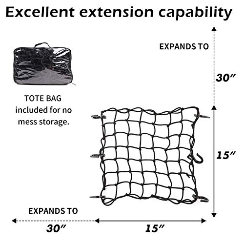 JCHL 15\"x15\" Motorcycle Cargo Net Stretches to 30\"x30\" with 6 Hooks 2\'\'x2\'\' Mesh for Motorcycle Motorbike Bikes
