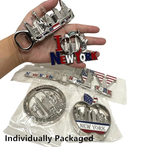 6 Pack Silver Bundle NYC Metal Fridge Magnets New York Souvenir Empire State Building, Skylines, Statue of Liberty, Brooklyn Bridge, Big Apple, USA Flag, Fridge Magnet Bottle Opener - Thumbnail 3
