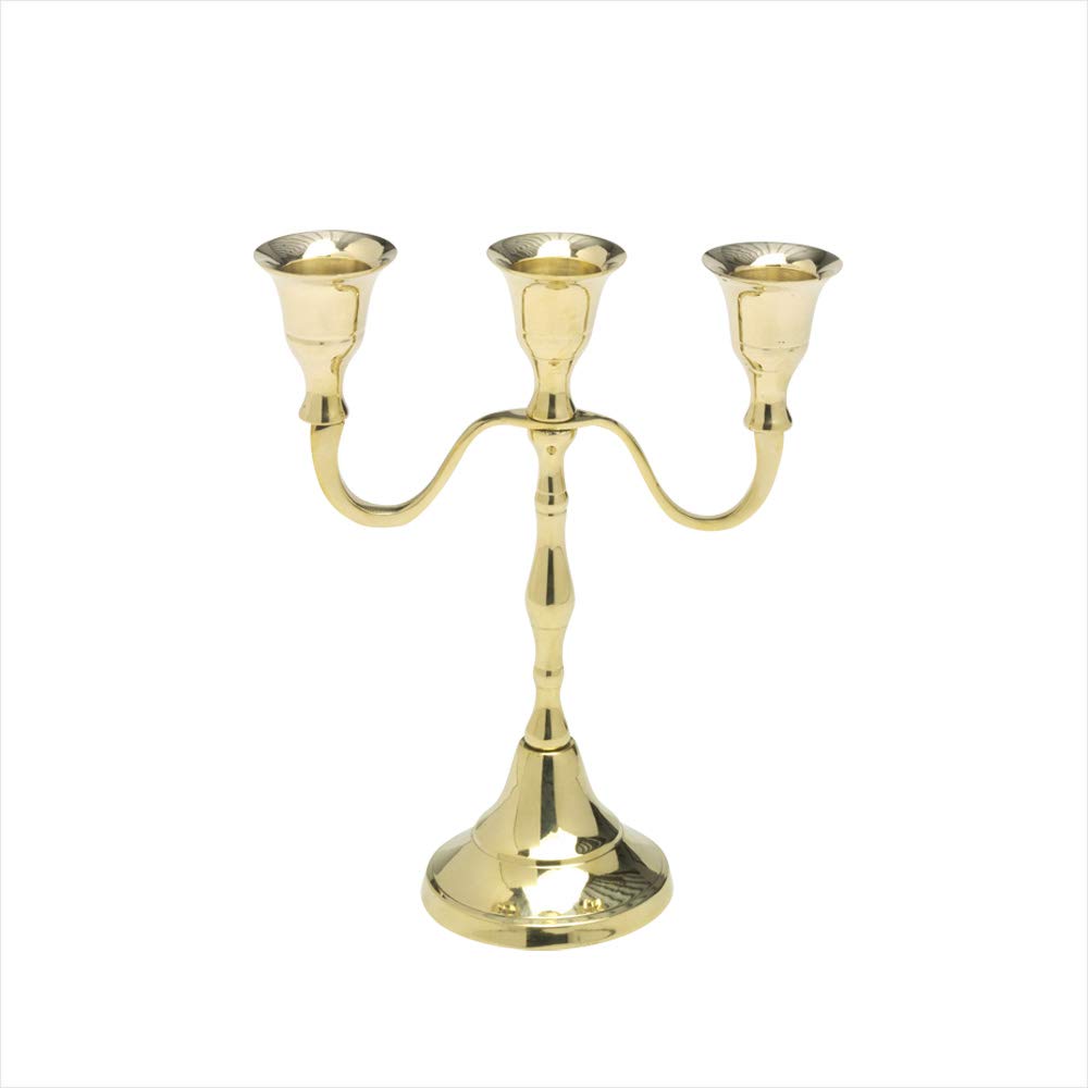 Nklaus Gold Candlestick 3-Arm 18Cm High Brass Shiny Candle Holder For Candles Up To 2Cm Diameter, Modern Classic Look, Wedding Decoration