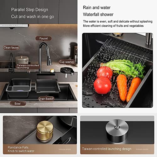 Stainless Steel Waterfall Kitchen Sink 26.8X17.7X8.3In Black Nano Kitchen Sink Workstation Single Bowl With Pull-Down Faucet Chopping Board Cup Washer Workstation Sink Accessories #TOP2