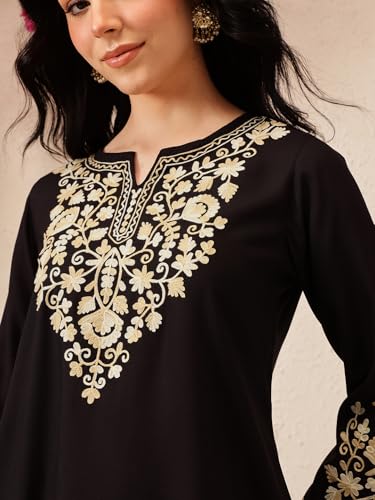 Image of QAZMI Women's Jasmine Kashimiri Aari Embroidered Viscose Rayon A-Line Flared Short Kurti