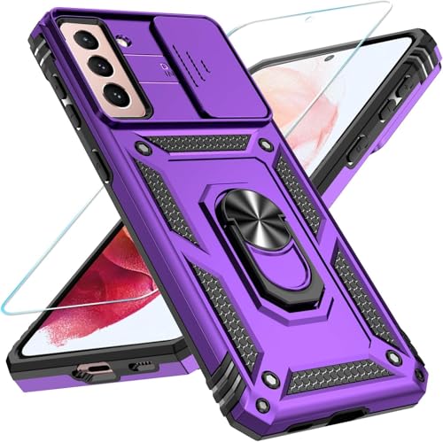 SunStory Phone Case for Samsung Galaxy S21 Case with HD Screen Protector & Slide Camera Cover & Rotated Ring Kickstand, [Military-Grade] [2 in 1] Phone Case for Galaxy S21 6.2",Purple by SunStory - Used condition - US$9.65