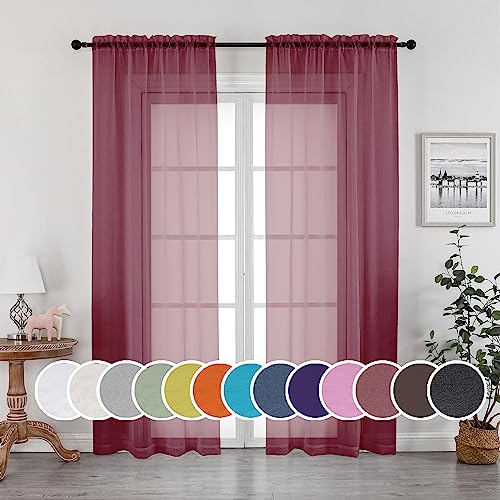 Image of OWENIE Sheer Curtains, Sheer Curtains 84 inch Length 2 Panels Set, Rod Pocket Voile Fimly Sheer Drapes for Living Room /Bedroom, 2pcs, Each 42 inch W x 84 inch L, Burgundy