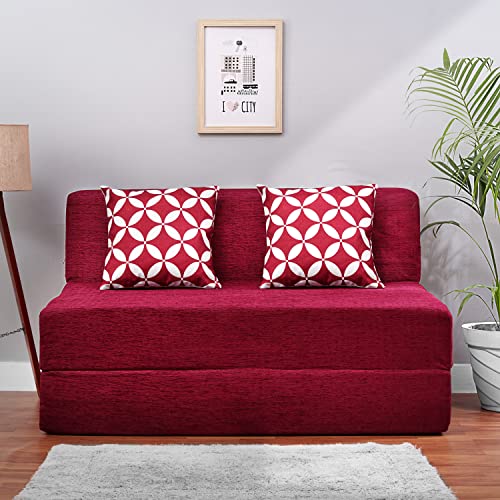 Image of Convertible Fabric Sofa Cum Bed | Foldable Double Foam & Washable Cover with Cushions | Modern Design Use Living Room & Guest Room (Maroon-Multi-Star, 4X6 Ft)