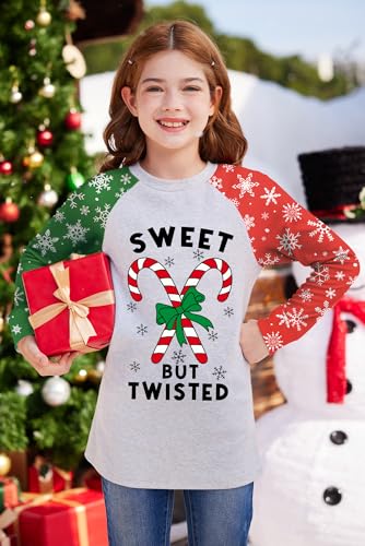 Image of BesserBay Girl's Christmas Buffalo Plaid Raglan Top Funny Holiday Graphic Shirt 4-14 Years