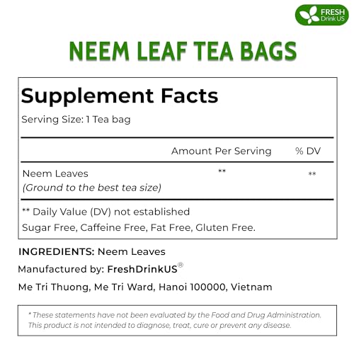 Image of FreshDrinkUS, Premium 75 Neem Leaf Tea Bags, 100% Natural and Pure from Neem Leaves. Loose Leaf Neem Herbal Tea. Neem Leaf Tea. No Sugar, No Caffeine, No Gluten, Vegan.