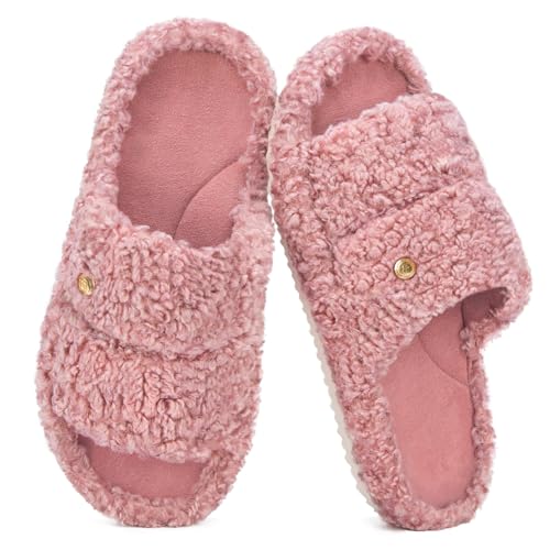 EverFoams Women's Fuzzy Open Toe Slippers Comfy Soft Memory Foam Indoor House Shoes Blush Pink,9-10 US