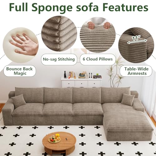 Image of 136 inch Cloud Couch Modular Sectional Sofa for Living Room, L-Shape Boneless Couch with Deep Seat, Modern Corduroy 4-Seater, No Assembly Required (Camel,Right-Facing Chaise)