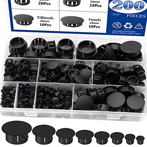 Image of Tnisesm 200Pcs 8 Sizes Nylon Plastic Hole Plugs Black 1 /4 inch 5 /16 inch 3 /8 inch 1 /2 inch 5 /8 inch 3 /4 inch 7 /8 inch 1 inch Round Drill Hole, Flush Type Panel Knockout Locking Plugs, Furniture Cabinet Insert End Caps