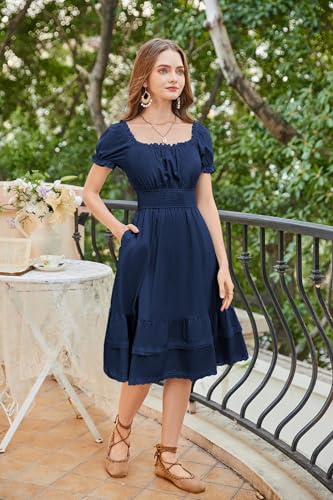 Image of Scarlet Darkness Gothic Pirate Corset Dress for Women Summer Vintage Square Neck Renaissance Dresses Navy S