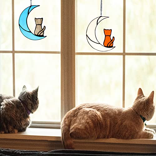 Lcensp Grey Tabby Cat Decor On Blue Moon Stained Glass Window Hangings Cat Memorial Gifts For Cat Lovers, Cat Suncatcher Pet Ornament (Grey Cat On Blue Moon) #TOP4