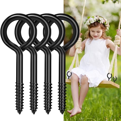 Dpyrrhic 4PCS Eye Hooks Screw, 5 Inch Black Eye Hooks Screw Self Tapping Eye, Heavy Duty Eye Bolt for Wood Securing Cables Wire, Hanging for Indoor & Outdoor Use
