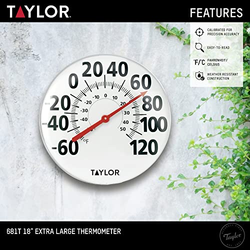 Image of Taylor Extra Large Metal Wall Indoor Outdoor Thermometer, Easy to Read Numbers for Patio, Pool, and Indoor Areas, 18 inch, White