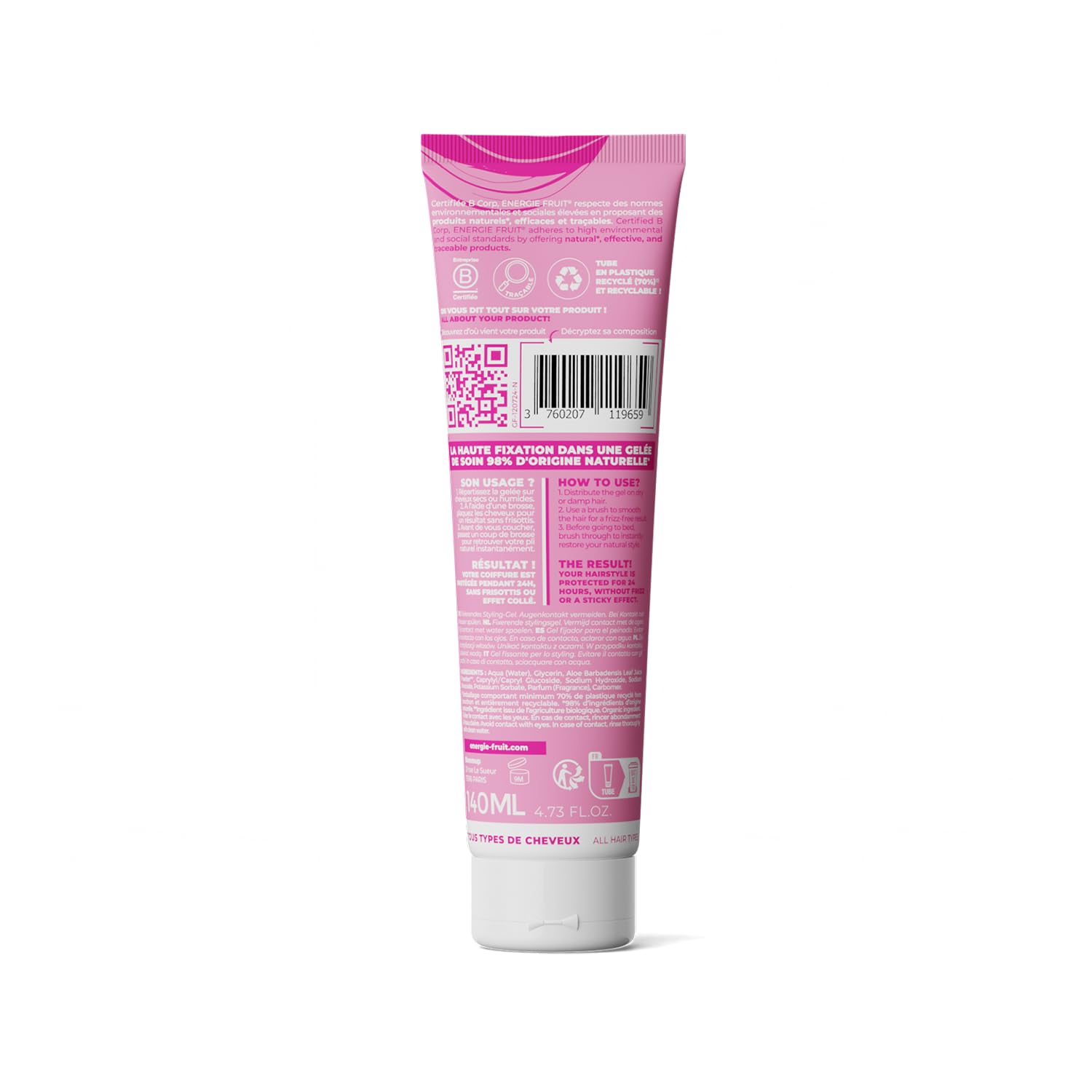 ENERGIE FRUIT - Fixierendes Gel für plattiertes Haar – 98 % Inhaltsstoffe natürlichen Ursprungs – Aloe Vera – ohne weiße Rückstände – ohne Kartoneffekt – langer Halt – 140 ml