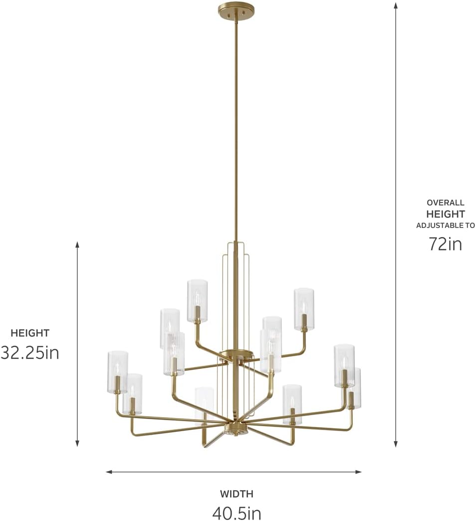 Kichler Kimrose 12 Light Chandelier with Clear Fluted Glass Shades in Brushed Natural Brass, 40.5" x 32.25"