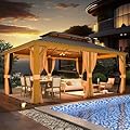 EROMMY 12'x18' Hardtop Gazebo, Galvanized Steel Double Roof with Wood Grain Aluminum Frame, Outdoor Permanent Metal Pavilion with Curtains and Nettings for Patio, Backyard and Deck